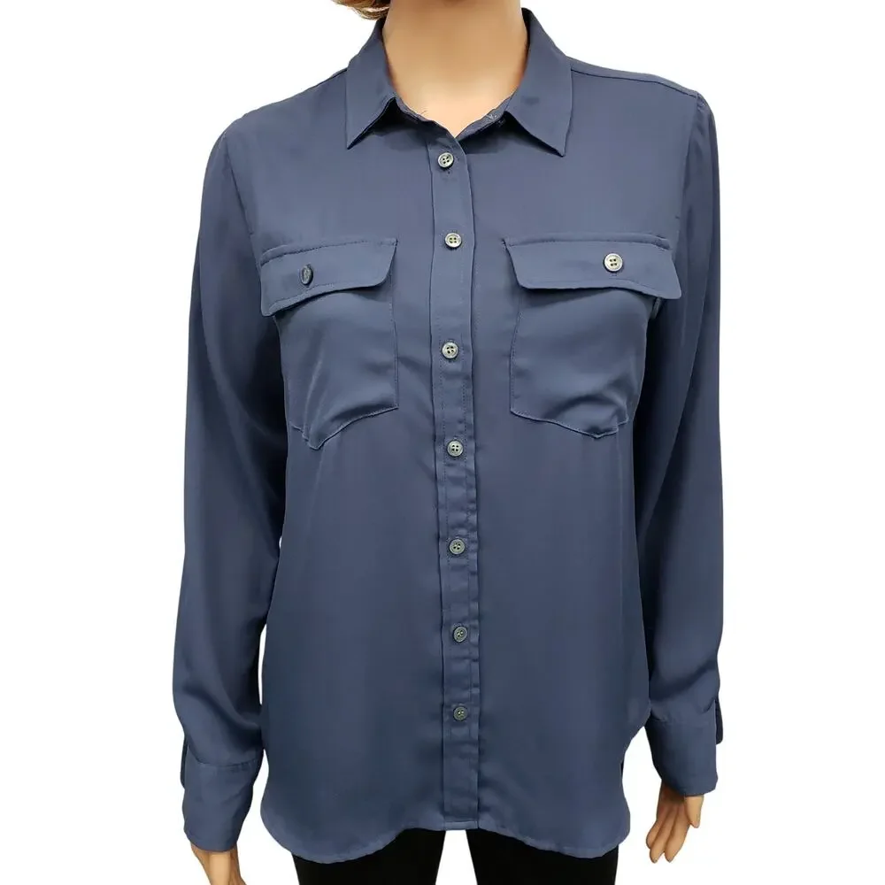 J. Crew Long Sleeve Button down Shirt with Button Flap Pockets Top Women 6 Blue